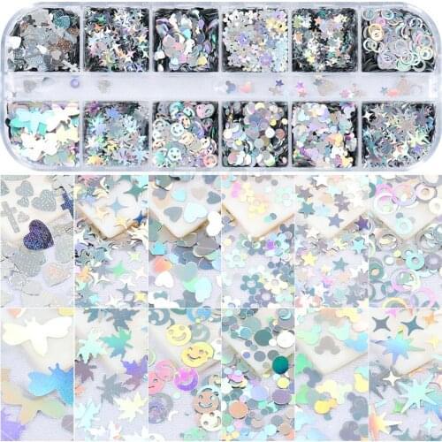 12 Grids/Box Silver Laser Holographic Round Circle Star Heart Cross Maple Glitter Sequins Nail Art Paillette Slice Decorations