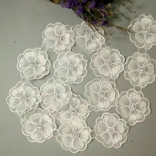 1 yards White Pearl Flower Handmade Beaded Embroidered Double Layered Lace Trim Ribbon Applique Dress Sewing Craft DIY
