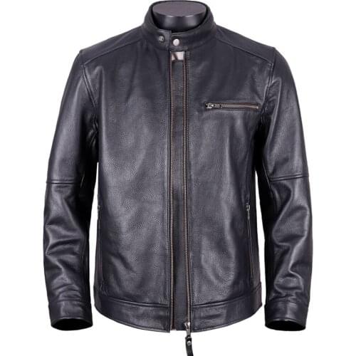 Mens Cowhide Leather Short Coat Quality European Style Durable Motorcycle Jacket Real Leather Waterproof Windbreaker Overcoats
