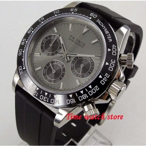 39mm PARNIS Quartz watch men waterproof 24 hours Chronograph Grey dial luminous sapphire glass rubber bracelet stop wrist 1257