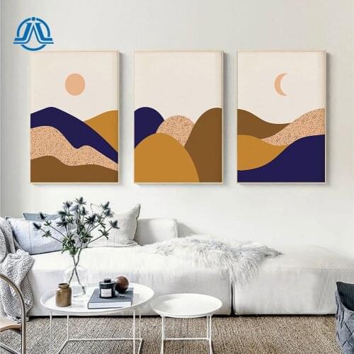 Boho Round Hills Moon And Sun Landscape Wall Art Warm Color Posters And Prints Modern Picture For Living Room On The Wall Home