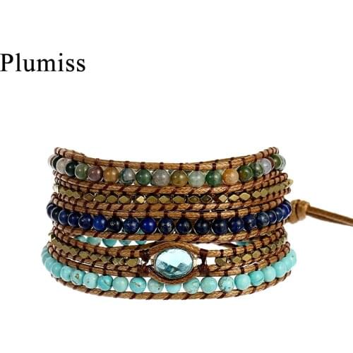 Natural Stone Wrap Bracelet 5 Times Strands Turquoises Indian Agates Beads Bracelets for Women Charms Blue Crystal Jewelry