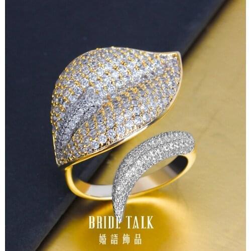 Bride Talk Luxury Rings Leaf Shape Cubic Zirconia White Gold-Color Nigeria Women Open Adjustable Finger Ring For Party Jewelry