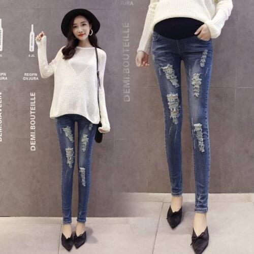 New pregnant women denim maternity pants feet pants elastic hole trousers stomach lift pants maternity dress