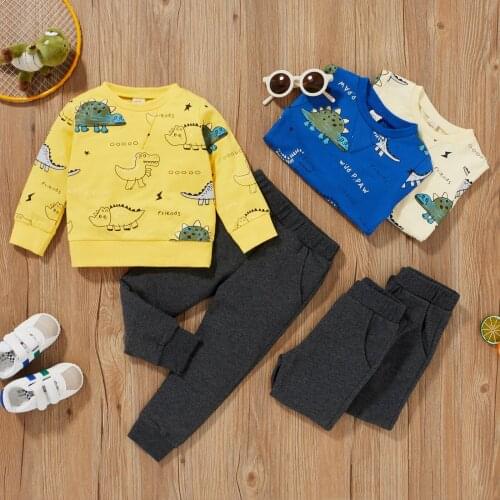 New Autumn Causal Kids Boys Clothes Set Long Sleeve Sweatshirt Tops Pants 1-5Y Girls Cartoon Dinosaur Printed Hoodie