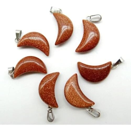 Wholesale 24pcs/lot Natural Gold sand stone turquoises agates crystal Moon Charms Pendants For DIY necklace Jewelry Making