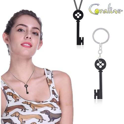 Coraline Necklace Pendants Retro Black Treasure Chest Key Necklace Halloween Metal Coraline Black Key Skeleton Props Necklace