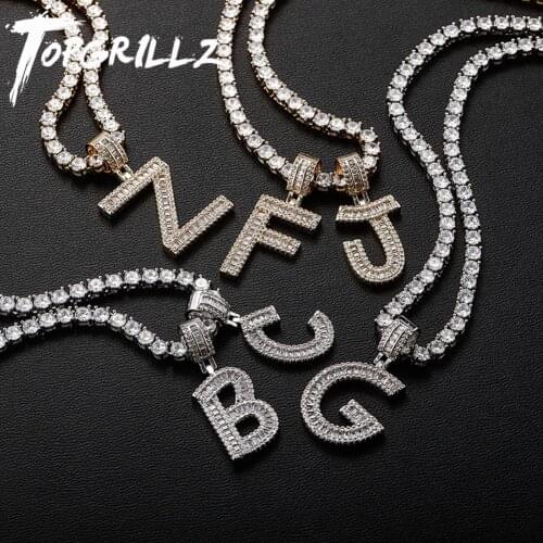 TOPGRILLZ Iced Baguette Cubic Zirconia A-Z Letters Pendant Necklace In Yellow/White Gold Hip Hop Fashion Jewelry Gift Party