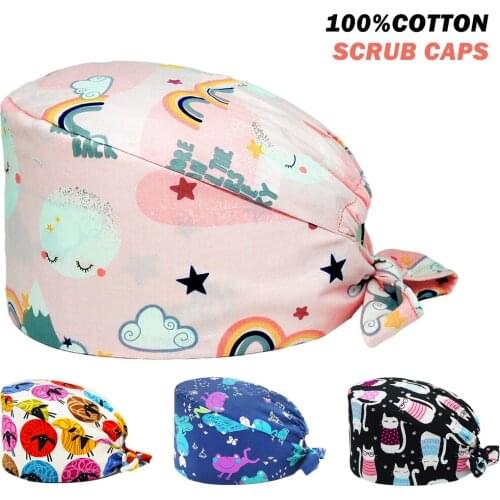 Adjustable Surgicals Hat Pure Cotton Anime Printing Nursing Cap Dental Clinic Pet Shop Beauty Salon Scrub Hat for Women Men