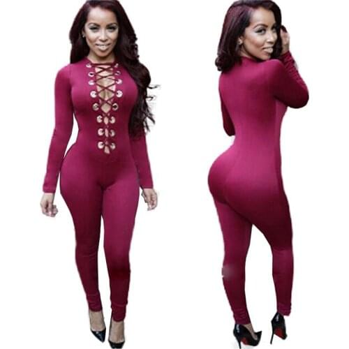 Sexy Bodycon Jumpsuit Romper Long Sleeve Bodysuit Women Lace Up Skinny Jumpsuit Elegant Full Length Stretch Trousers Clubwear
