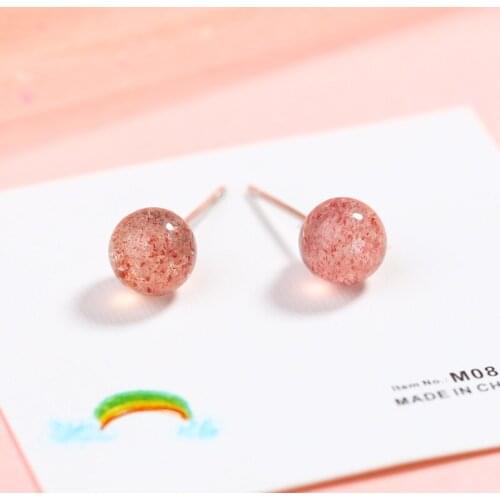 S925 pure silver peach blossom transfer natural strawberry crystal earrings Korean temperament simple earrings small pendant 6mm