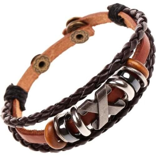 Retro Vintage Multilayer Leather Wristband X Charm Bracelet Cuff Buckle Bangles Wrap Hippie Punk Fashion Women Men Jewelry Gift