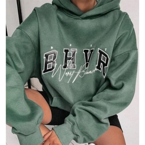 2021Autumn New Fashion Girls Winter Tops Plus Size Green Vintage Letter Printing Hoodies Women Oversized Sweatshirt Loose Casual