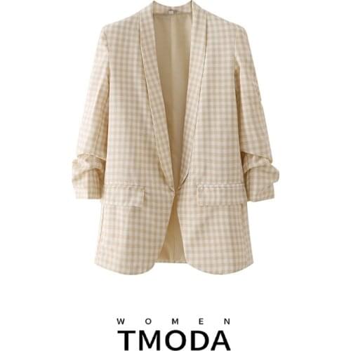 TMODA1425 Za Summer Women Fashion Office Wear Basic Plaid Blazer Coat Vintage Pleated Sleeve Pockets Female Outerwear Chic Tops
