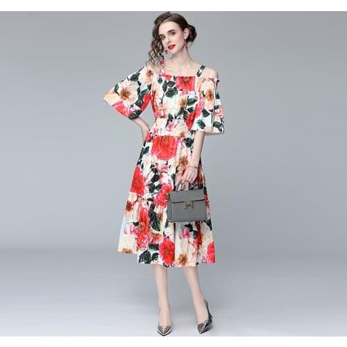 Menahem 2021 Summer Runway Bohemian Dress Women Flare Sleeve Spaghetti Strap Red Floral Print Tiered Holiday Elegant Dresses