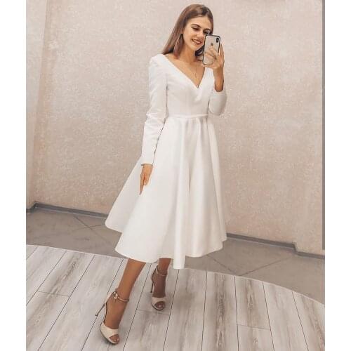 Short Wedding Dress 2021 A-Line Long Sleeve V-Neck Simple Boho Vintage For Women Robe De Mariee Custom Made Bridal Gowns Pleat