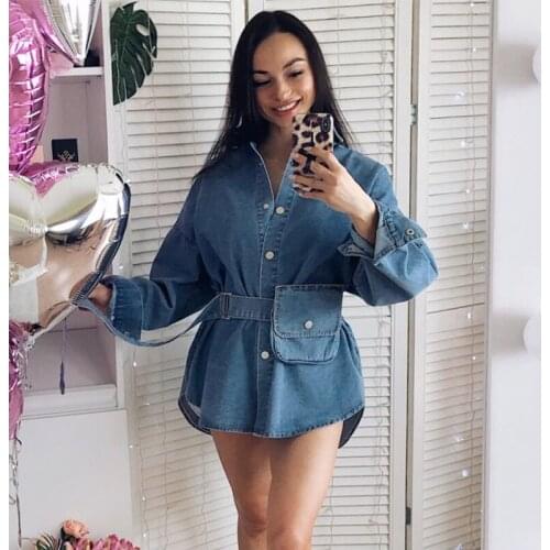 2020 New Spring Summer Womens Solid Denim Dress Female Pocket With Belt Slim Dress Ladys Single Breasted Vintage Dresses
