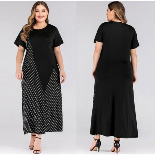 Plus Size Women Dress Black O Neck Short Sleeve Contrast Color Stripe Patchwork Maxi Dresses Loose Big