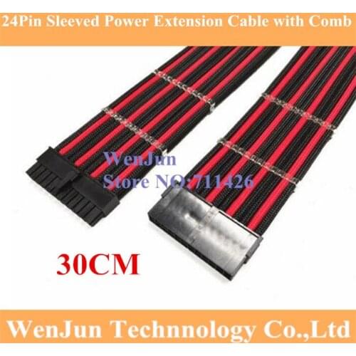 12" High quality 24Pin male to female ATX EPS PSU Black & Red Single Sleeved Power Extension Cable + 1PCS Clear Cable Comb