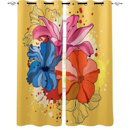 Watercolor Flowers Yellow Background Window Curtains for Living Room Home Decor Child Bedroom Kitchen Curtains Drapes