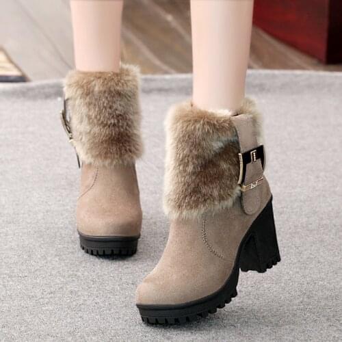 Fashion Womens Winter Fur Shoes High Heels Boots Sexy Ladies Brand Ankle Botas Warm Plush Womens Snow Boots Square Heel 7cm A153