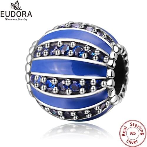 EUDORA Real 100% 925 Sterling Silver Sky Blue Crystal CZ Charm Beads fit Charm Bracelet DIY Jewelry Making Christmas gif CYZ048