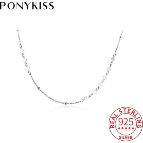 PONYKISS Trendy 100% 925 Solid Sterling Silver Heart and Bead Pendant Necklace Chain Cute Gift Girl Lady Fine Jewelry Party