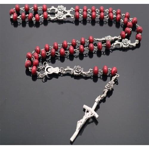 Catholic 6mm Rose Scented Wooden Beads Beaded Rose Necklace, Jesus Cross Maria Center Rosary