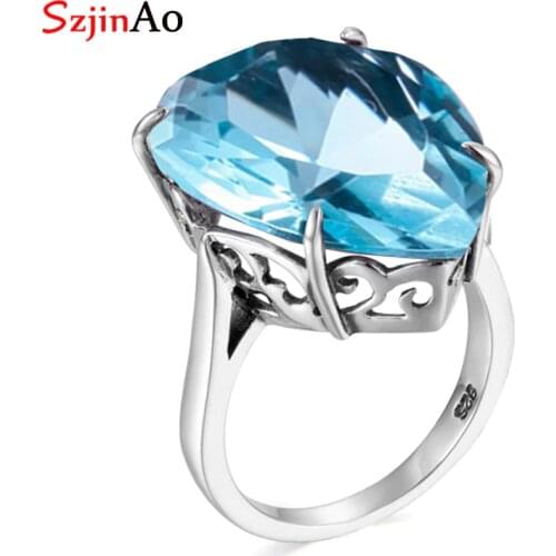 Szjinao sterling silver 925 lake blue Aquamarine rings Water drop shape birthstone boho hollow wide ring indian jewelry for lady
