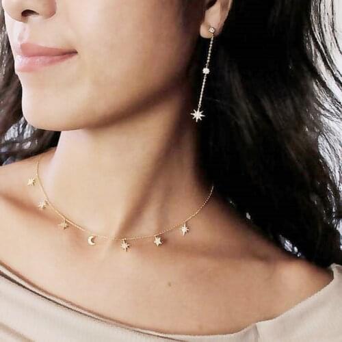 Real 925 Sterling Silver Choker Necklace Tiny Rose Gold Color Moon Star Charm Pendant cz Paved for Women Friends Engagement