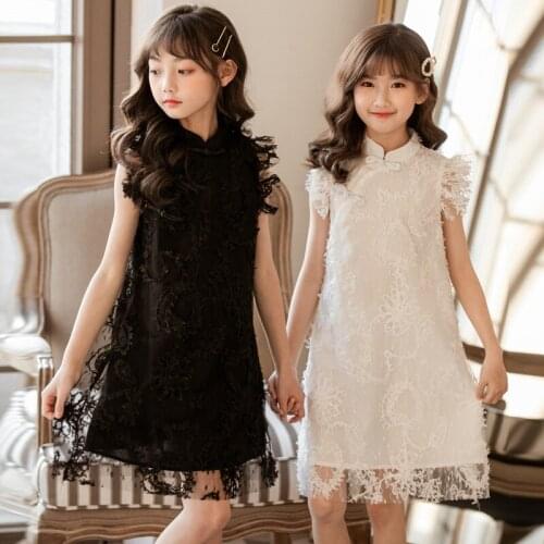 Summer Teen Girls Embroidered Mesh Dress Kids Princess Dress Children Party Clothing for Girls Baby Girls Retro Dresses, #0051