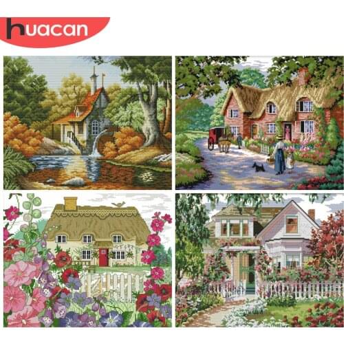 HUACAN Cross Stitch Scenery Kits Embroidery Landscape Sets White Canvas Needlework 11CT 14CT DIY Gift Home Decoration