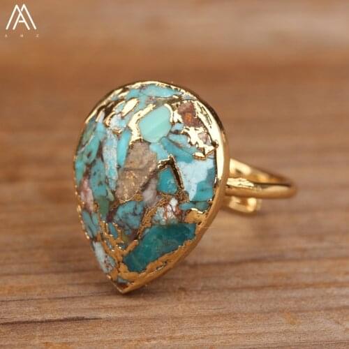 Natural Gold Line Turquoises Waterdrop Beads Gold Open Rings Jewelry Elegant Women Gems Stone Beads Adjustable Rings Dropship