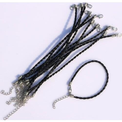 100pcs 18cm 7" Black braided PU Leather Adjustable Braided Rope Bracelets&Necklace Charms Findings Lobster Clasp String Cord