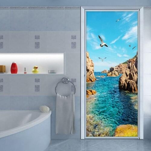 PVC Self-Adhesive Door Sticker 3D Stereo Seaside Landscape Reef Wallpaper Bathroom Living Room Waterproof Door Decal Home Design