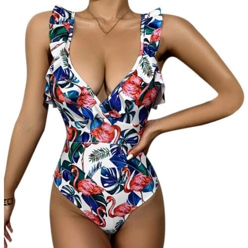 Printed Ruffled One-piece Swimsuit Women Sexy Lace up Monokini Swimwear 2021 New Girl Beach Bathing Suits