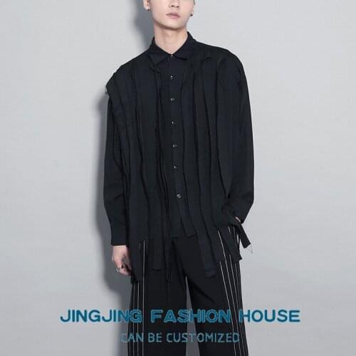 S-6XL!!Stylish man original British spring personality tassel hem stitching casual design shirt men long sleeves