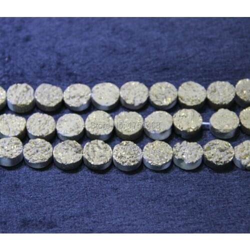 10mm Titanium Druzy Necklace Coin Beads Pendants, Fashion Drusy Charms Stone Quartz Flat Round Beads Jewelry Making for Dinner