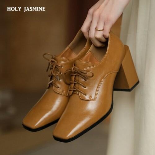 Fashion Sling-Back Heeled Pumps Female Square Toe High Heels Pumps Genuine Leather Cross Tied Party Dancing Shoes Woman 2021 New