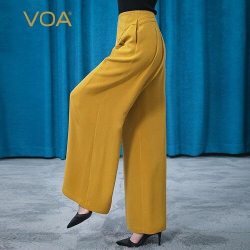 VOA Silk 30m/m Champagne Yellow Natural Waist Asymmetric Diagonal Pocket Wide Covered Meat Wide Leg Pants Summer KE517