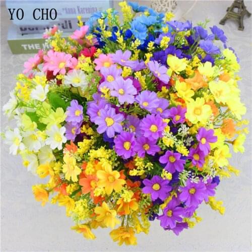 YO CHO Artificial Mini Gerbera Flowers Bunch 28 Heads Silk Daisy Flores for Indoor Balcony Office Desktop Wedding Decor Flowers