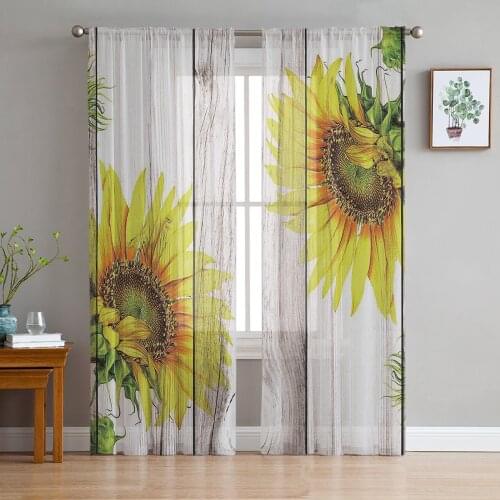 Retro Wood Textured Sunflower Window Curtains Bedroom Modern Drape Sheer Tulle Valances Living Room Kitchen Voile Curtain
