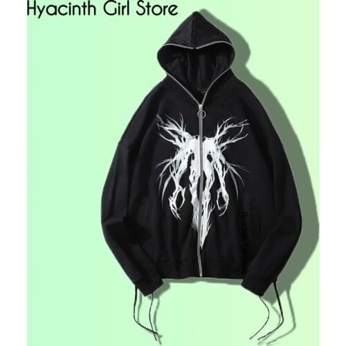 Dark Gothic Style Retro Street Printed Zipper Ladies Hoodie Couple Sweatshirt Street Casual Loose Large Size Jacket Fall 2021