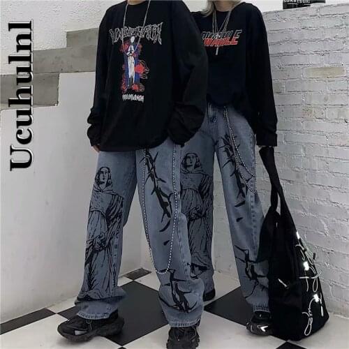 Ucuhulnl 2021 New Summer Fashion Ins Street Hip-hop Printing Wash Jeans Loose Casual Denim Wide Leg Pants Tide Woman