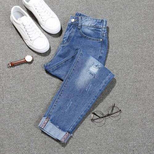 Plus Size Ripped Jeans Woman Cuffs High Waist Womens Jeans Ankle Length Harem Pants Mujer Half Elastic Waist Denim With Hole5XL