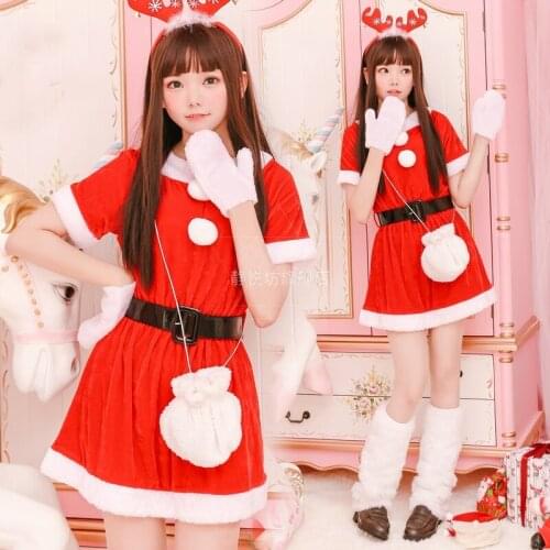 Women New Year Christmas Costume Fancy Party Adult Elf Santa Claus Stage Show Performance Cosplay Dresses with Belt Gloves