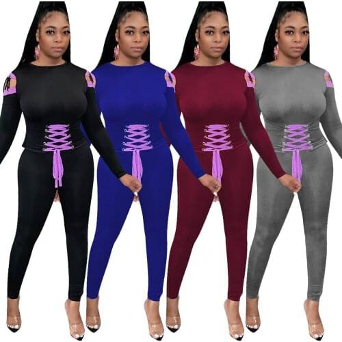 Women Autumn Tracksuit Cold Shoulder Long Sleeve Grommet Lace Up Top With Pencil Pants Two Piece Set Casual Fitness Outfits