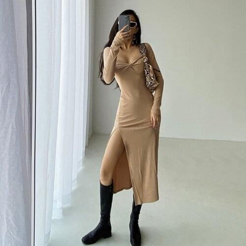 TVVOVVIN Autumn Sexy Korean Side Split Maxi Long Dress Womens Square Collar Cross Slim Tight Skinny Hip Hot Dresses Robe D7FQ