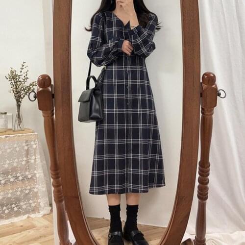 Women Dress Plaid V Neck Spring Autumn Long Sleeve Buttons Waist Tied Dress for School