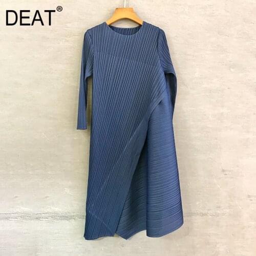 DEAT Pleated Woman Dress Split Irregular Pullover Round Collar Seven Sleeve Over Size Causal Simple 2021 Summer Fashion HT410